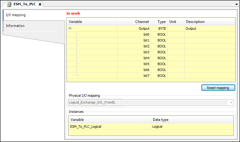 I/O Mapping dialog of a logical I/O; BYTE type with bit access
