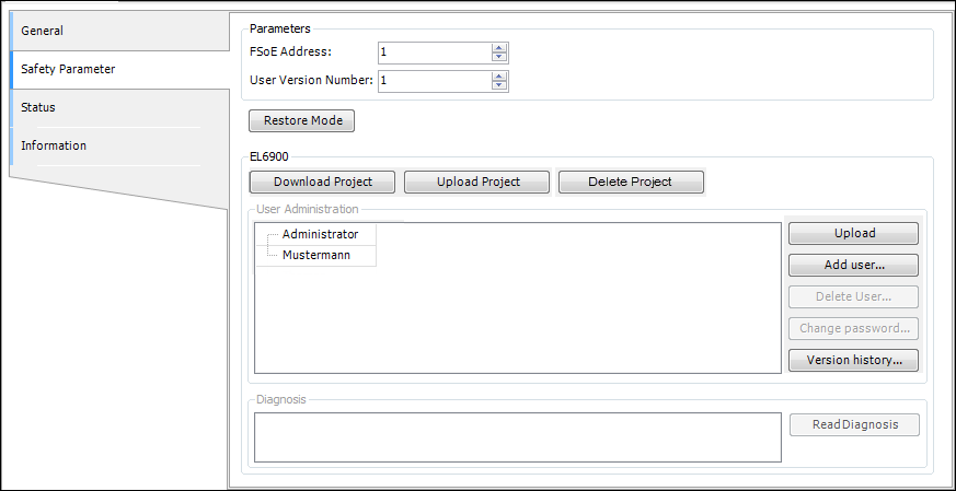 Safety Parameter tab, EtherCAT Safety <module name> group, under User Administration