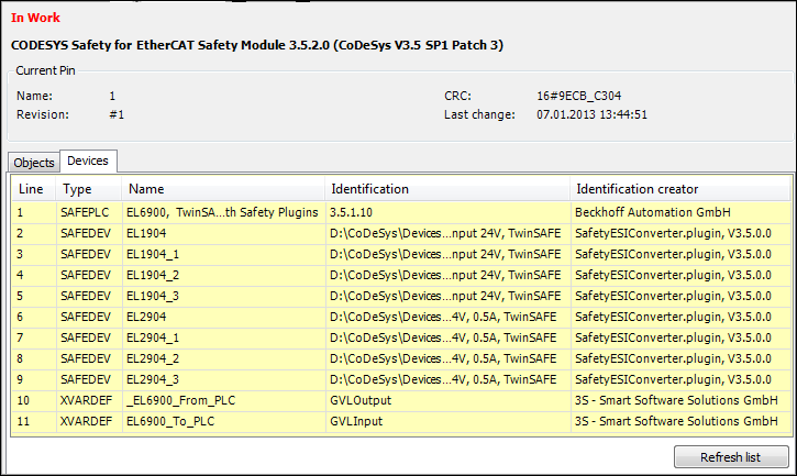 Editor del objeto de aplicación de seguridad con lista de dispositivos