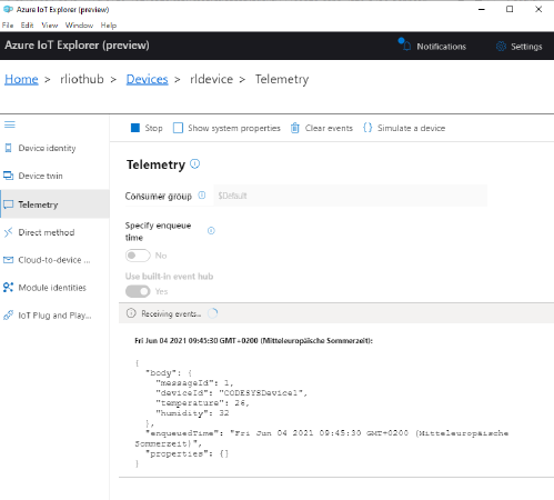 Azure IoT Explorer : Surveillance des messages D2C